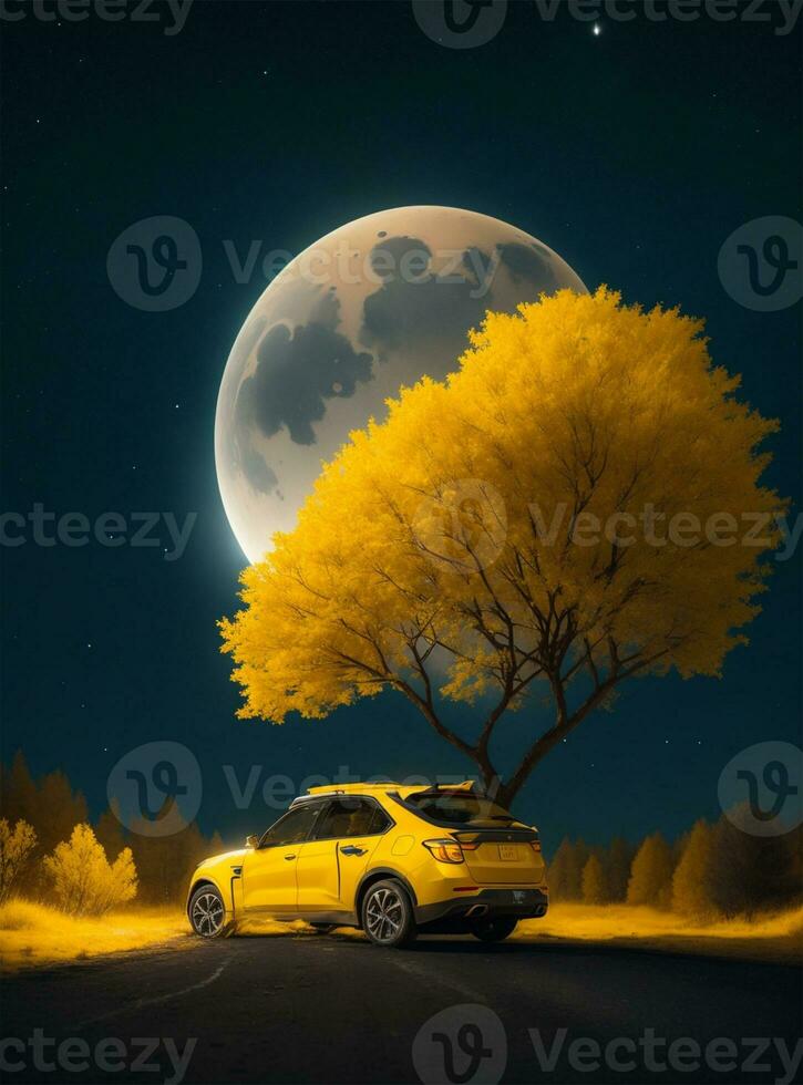 ai gerado amarelo carro dentro a noite foto