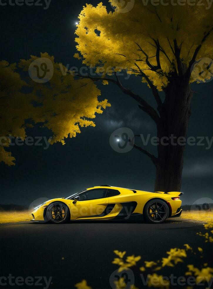 ai gerado amarelo carro dentro a noite foto