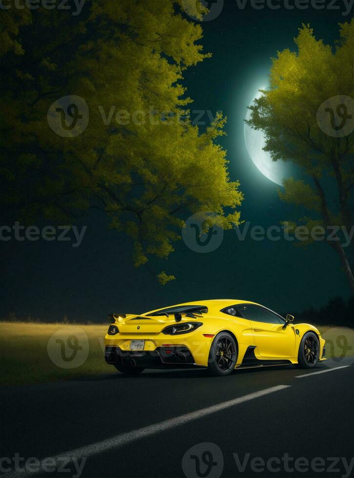 ai gerado amarelo carro dentro a noite foto