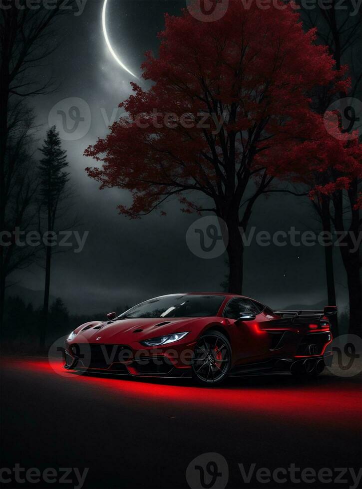 ai gerado vermelho super carro dentro meia noite foto