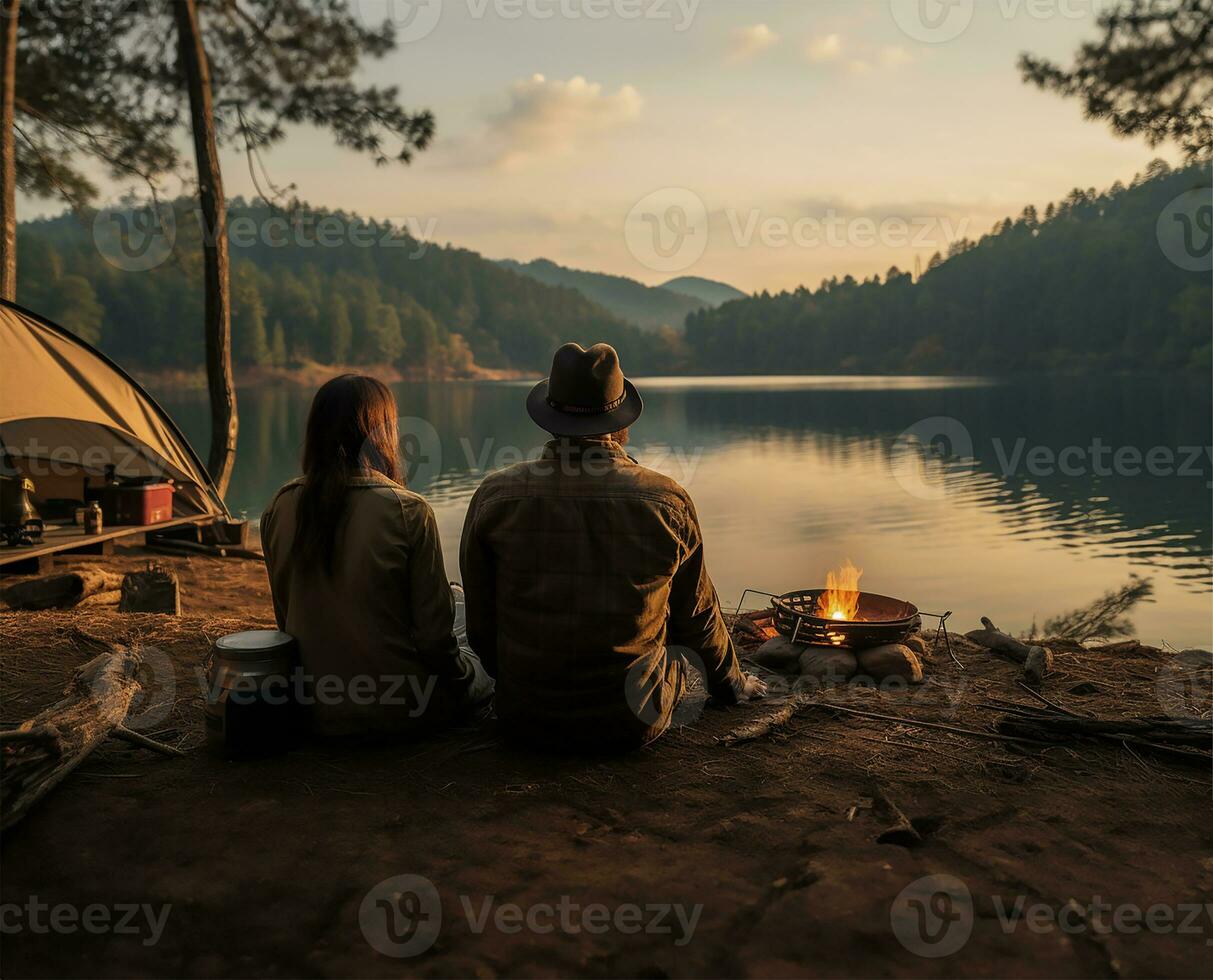 ai gerado casal do amantes desfrutando seus viagem através a lindo natureza lago foto