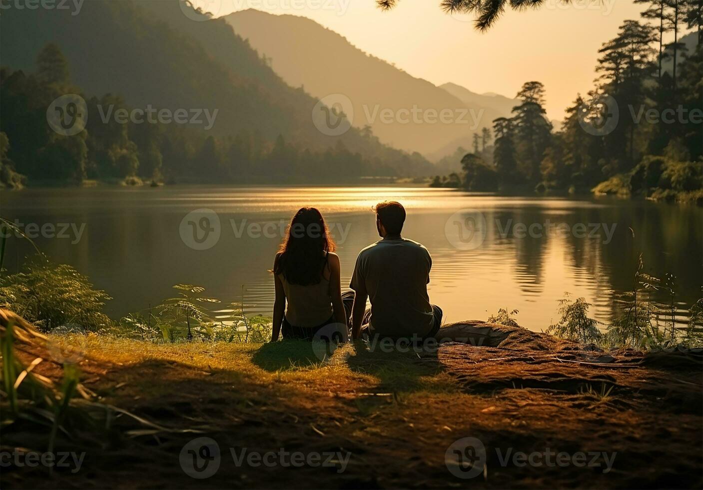 ai gerado casal do amantes desfrutando seus viagem através a lindo natureza lago foto