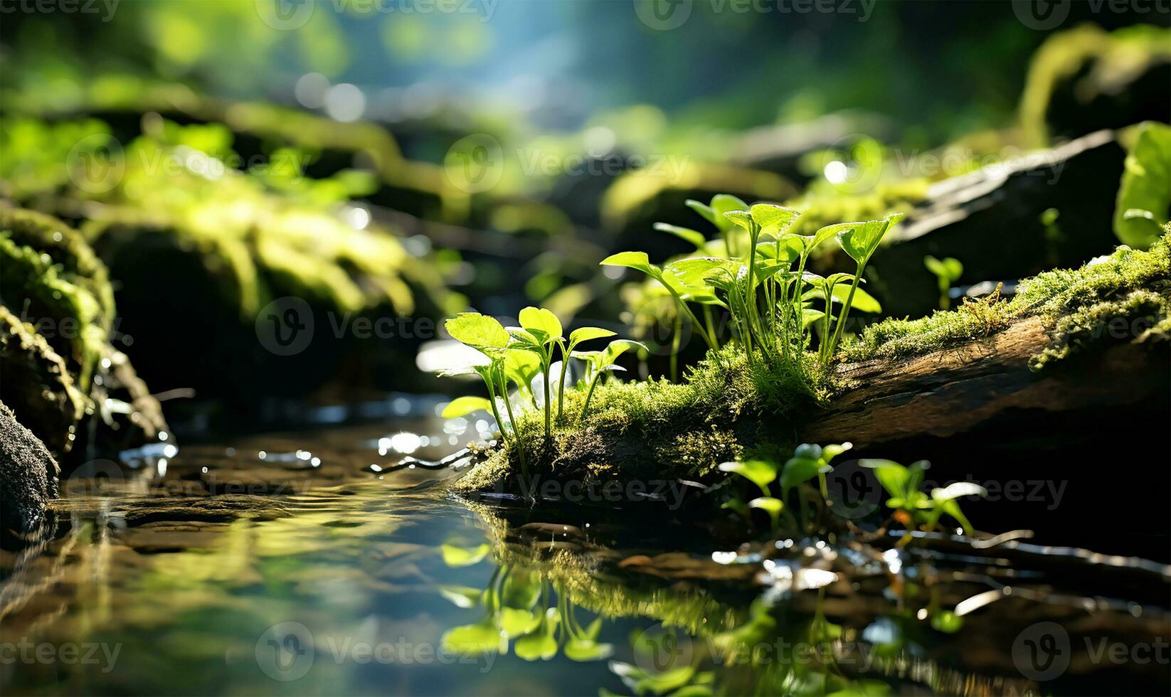 ai gerado a □ Gentil luz do Primavera Como isto ilumina uma lentamente fluindo corrente foto