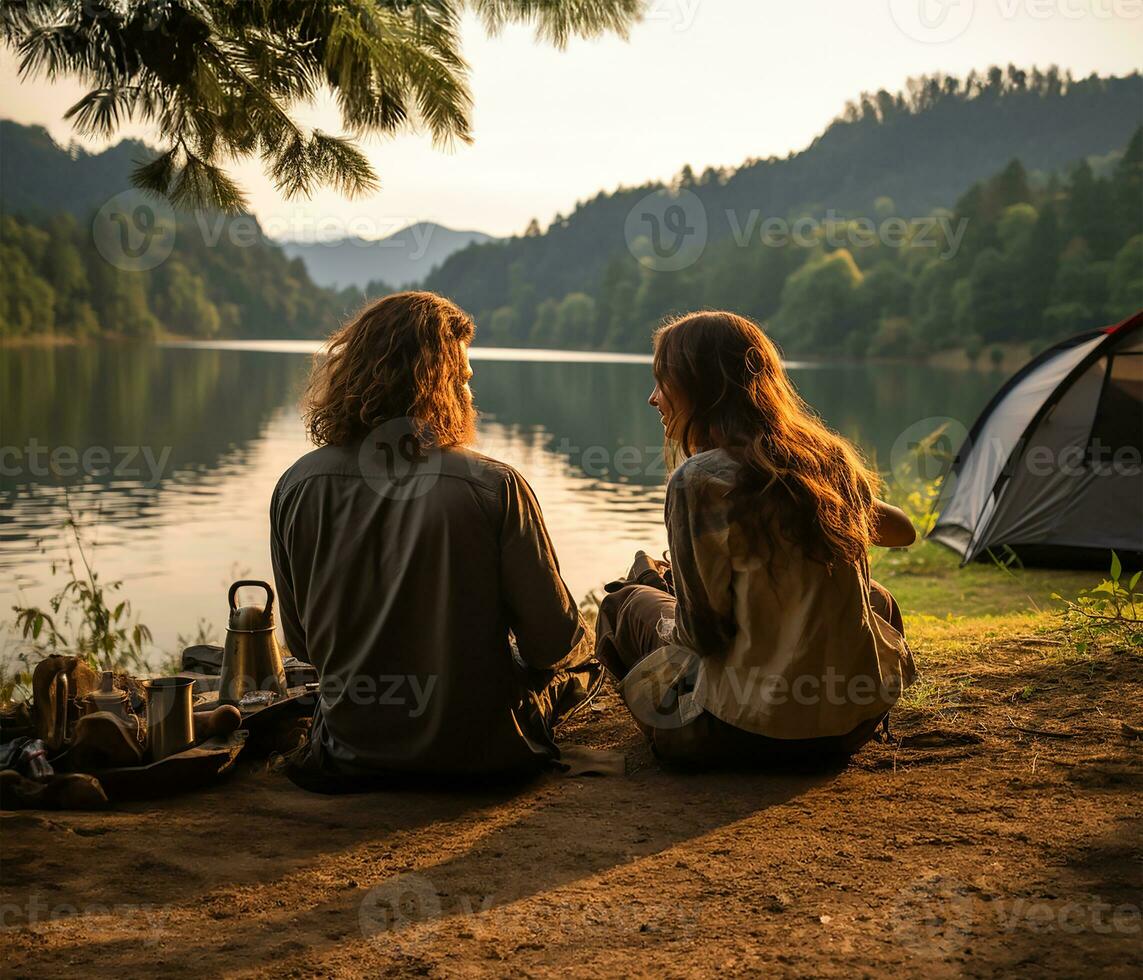 ai gerado casal do amantes desfrutando seus viagem através a lindo natureza lago foto