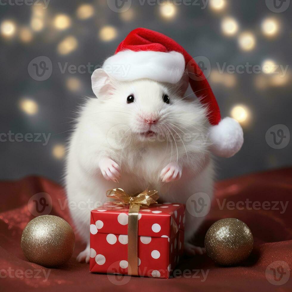 ai gerado adorável fofo hamster santa chapéu sentado Natal presente caixa luzes foto Novo ano poster