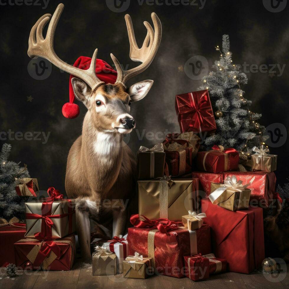 ai gerado fofa veado vermelho santa chapéu fundo neve cartão postal fofo animais presente vermelho inverno foto