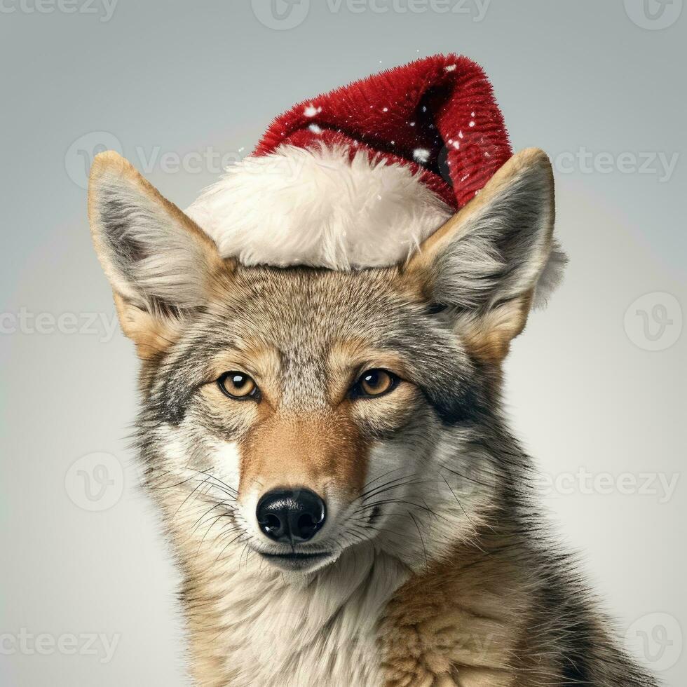 ai gerado fofa Coelho lebre vermelho santa chapéu fundo neve cartão postal fofo animais presente vermelho inverno foto