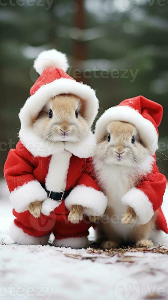 ai gerado fofa Coelho lebre vermelho santa chapéu fundo neve cartão postal fofo animais presente vermelho inverno foto