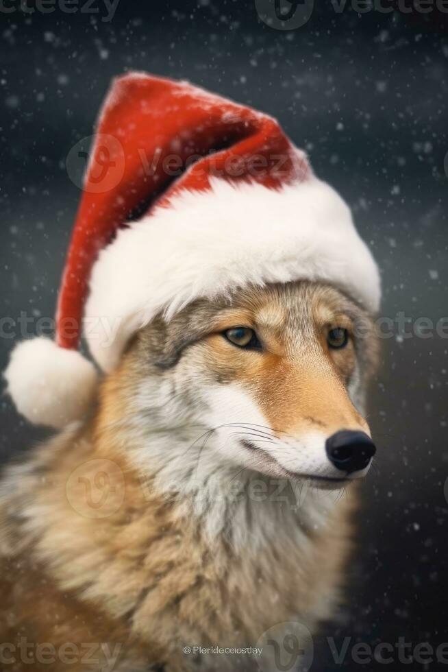 ai gerado fofa Coelho lebre vermelho santa chapéu fundo neve cartão postal fofo animais presente vermelho inverno foto