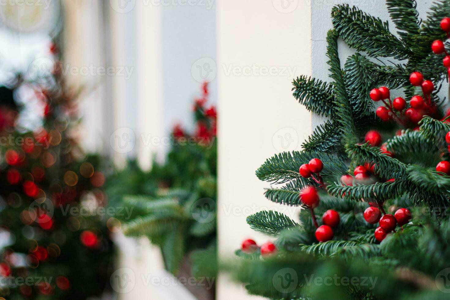 Natal decorações em janela. abeto galhos com vermelho bagas. foto