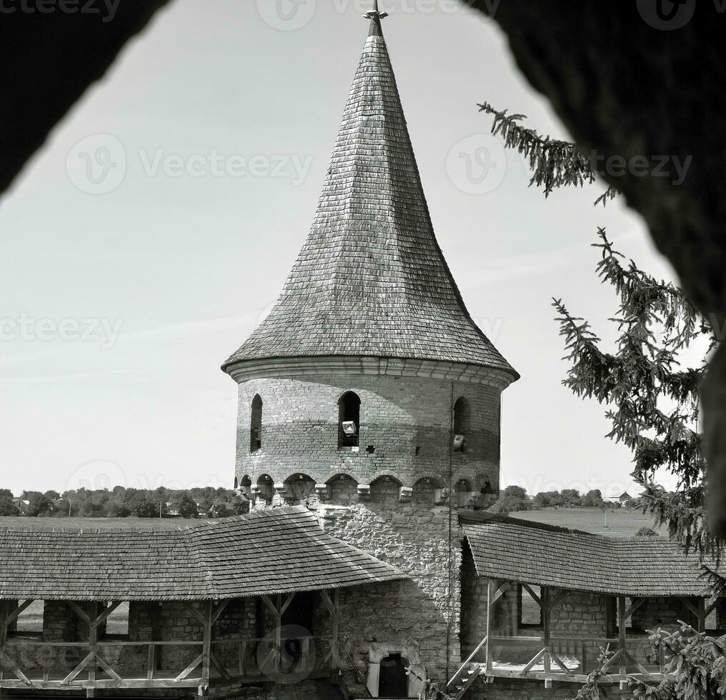 velho tijolo parede e torre do a Kamianetspodilskyi castelo dentro Ucrânia, Preto e branco foto fundo