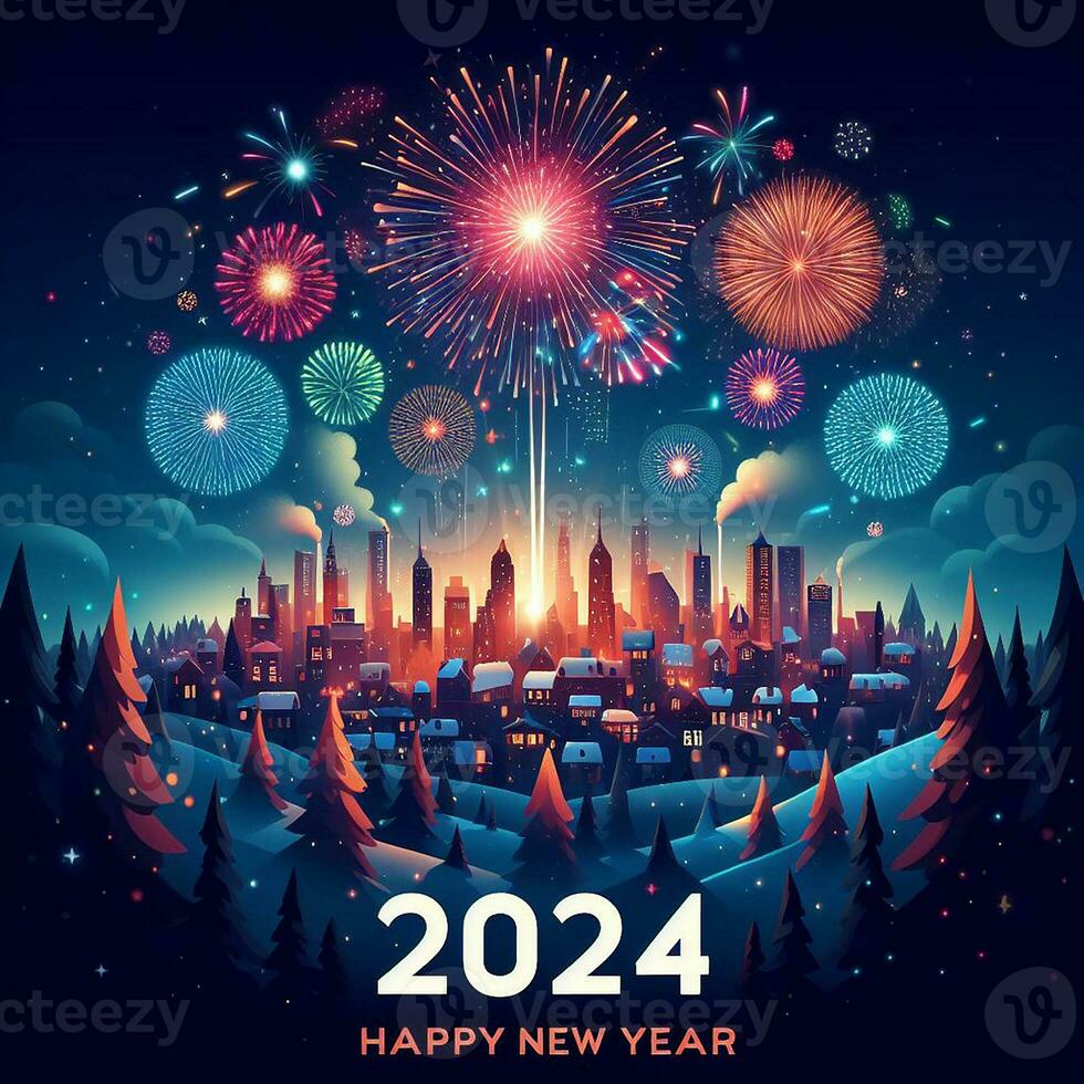 ai gerado uma majestoso fogo de artifício exibição ilumina a Horizonte dentro uma festivo bem-vinda para feliz Novo ano 2024 foto