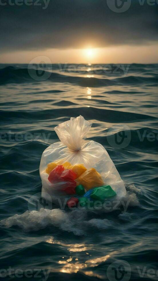 ai gerado plástico saco flutuando dentro a oceano plástico poluição foto