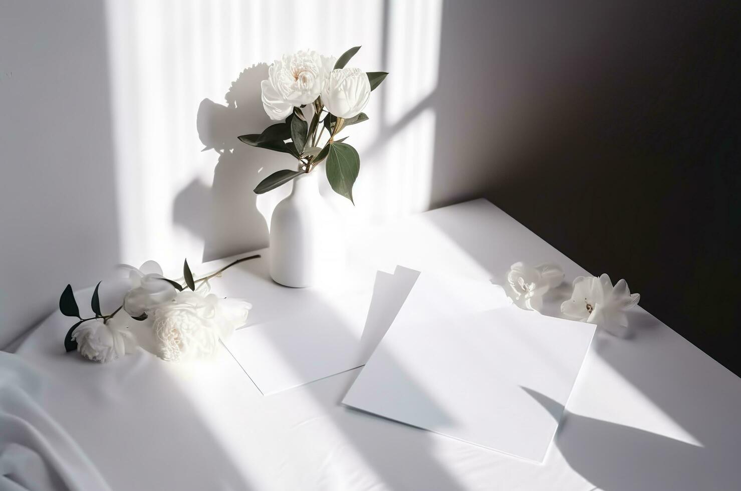 ai gerado em branco Casamento convite cartão zombar acima com natural flor para decorado em branco fundo, mínimo Projeto foto