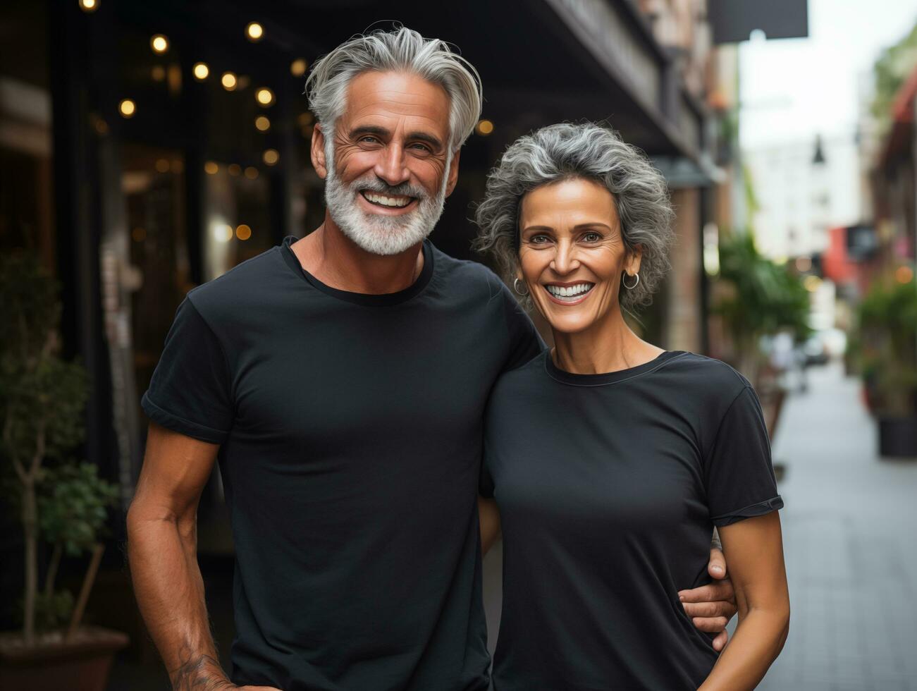 ai gerado uma Senior casal vestindo branco Coincidindo Camisetas brincar para Projeto modelo foto