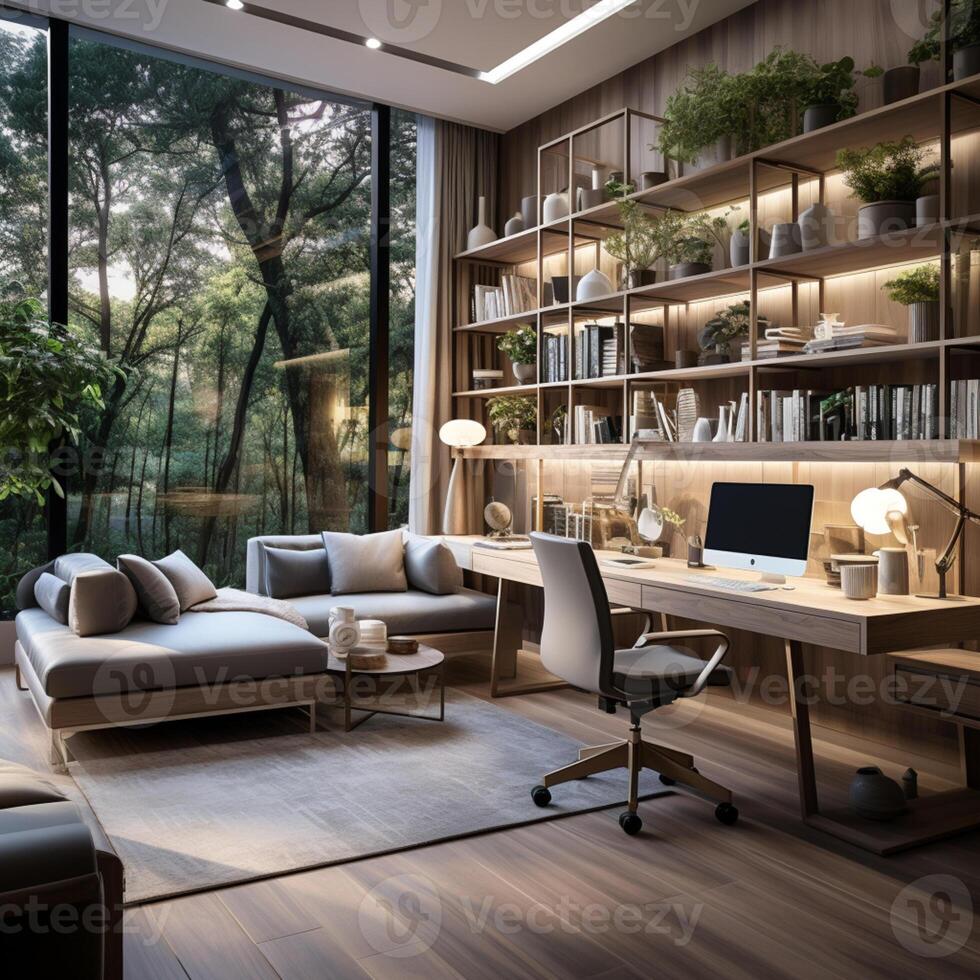 ai gerado interior Projeto moderno casa escritório, confortável ambiente de trabalho, escrivaninha com computador monitor, à moda estude sala, lindo casa estúdio foto