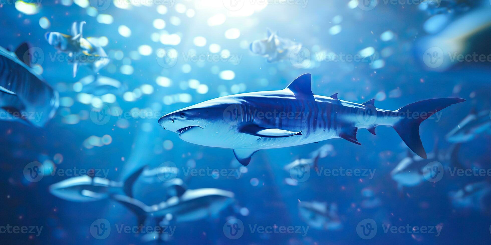 ai gerado selvagem vida debaixo água natureza ao ar livre mar oceano grande peixe azul Tubarão fundo. profundo mergulho mergulho mergulho caçador animal foto