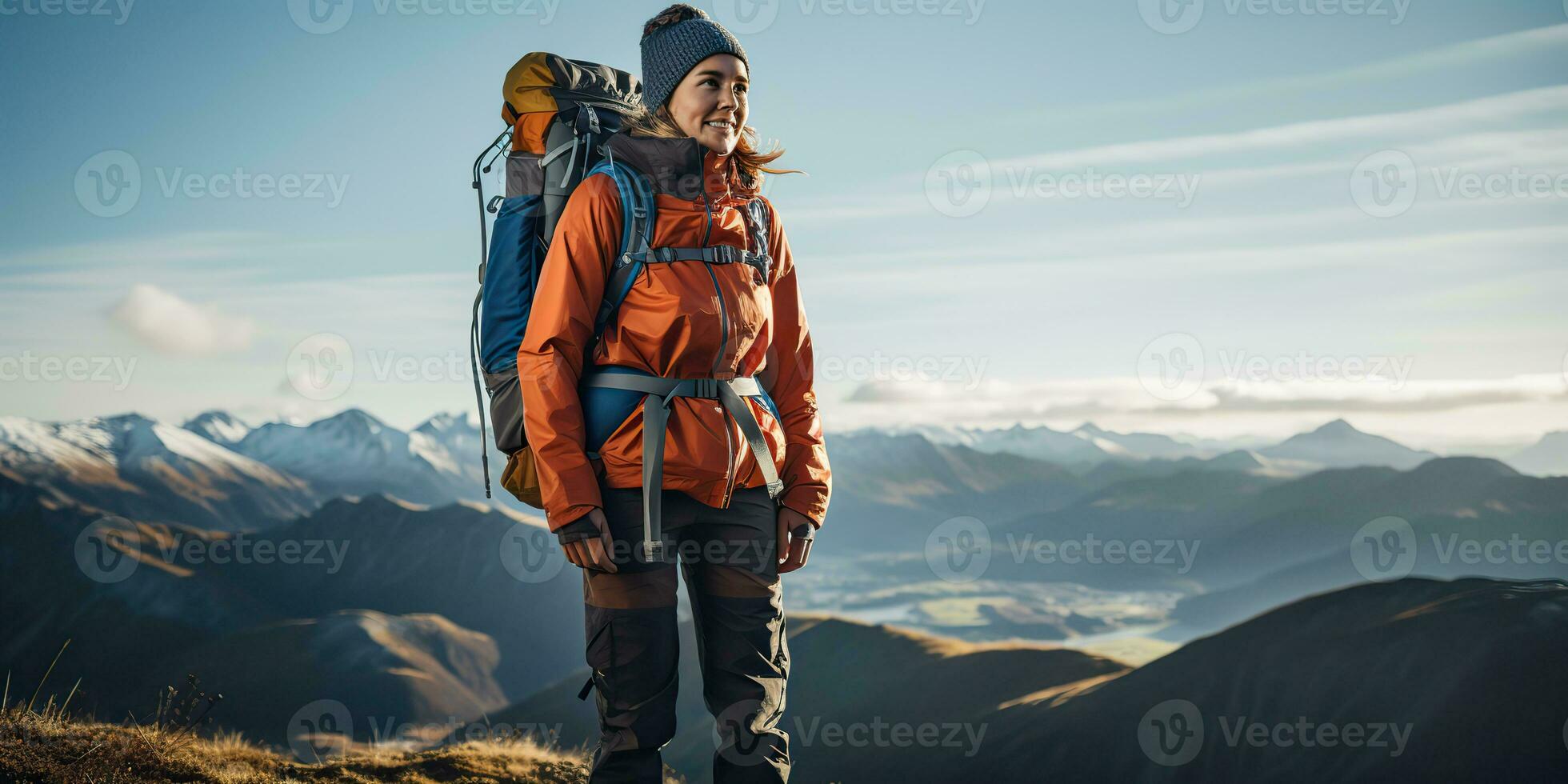 ai gerado fêmea menina mulher caminhante rastreamento natureza ao ar livre aventura explorar montanha panorama viagem exploração motivação. gráfico arte foto