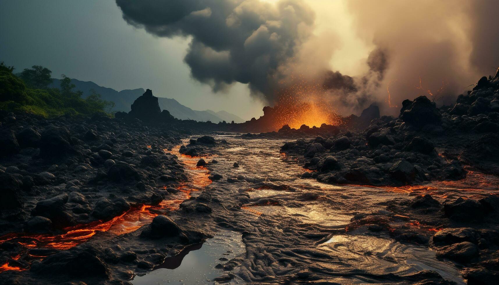 ai gerado brilhando fogueira entra em erupção, Derretendo aço dentro natureza fogosa inferno gerado de ai foto