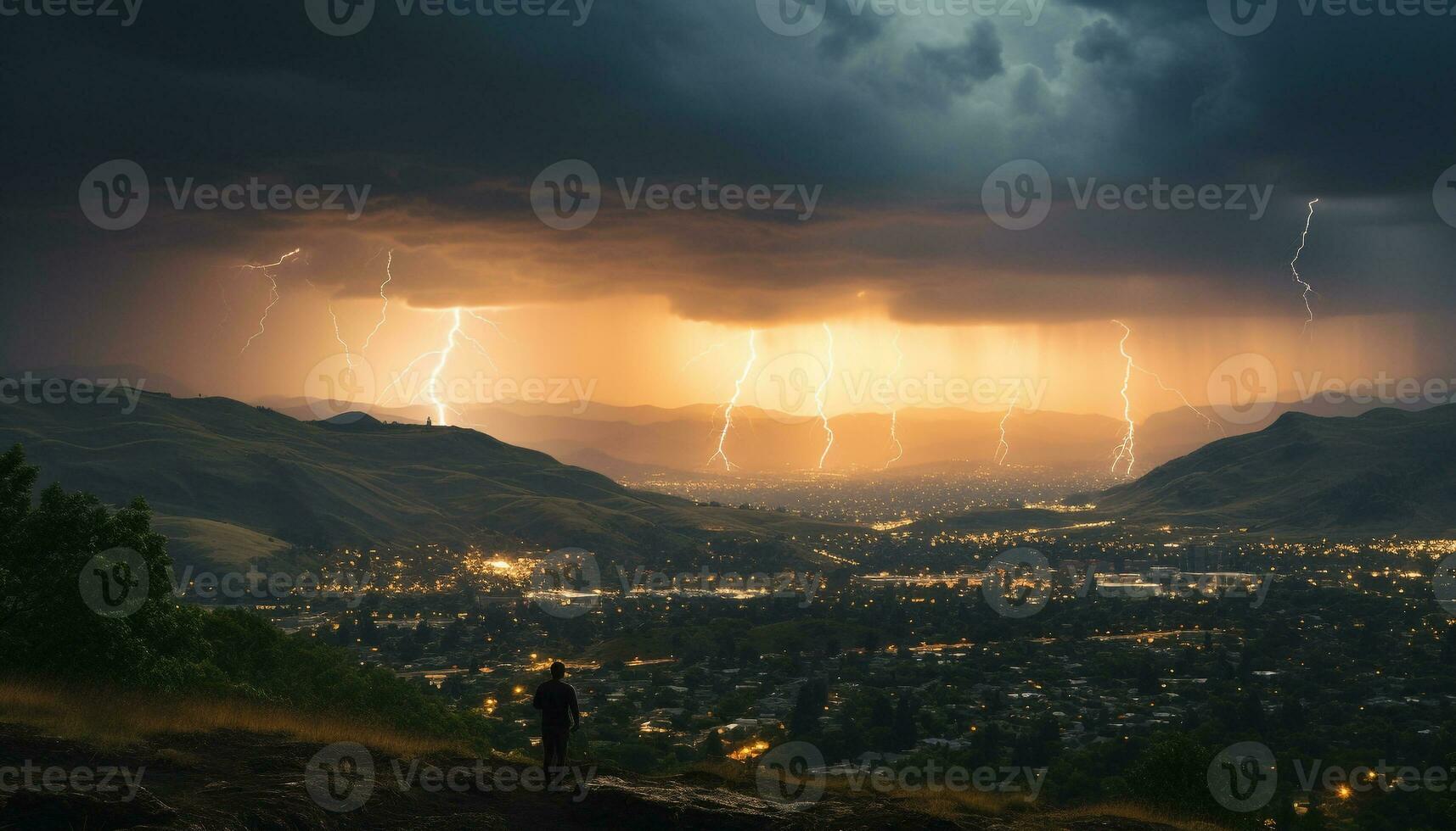 ai gerado brilhante azul céu, Sombrio silhueta árvore, vibrante relâmpago parafuso gerado de ai foto