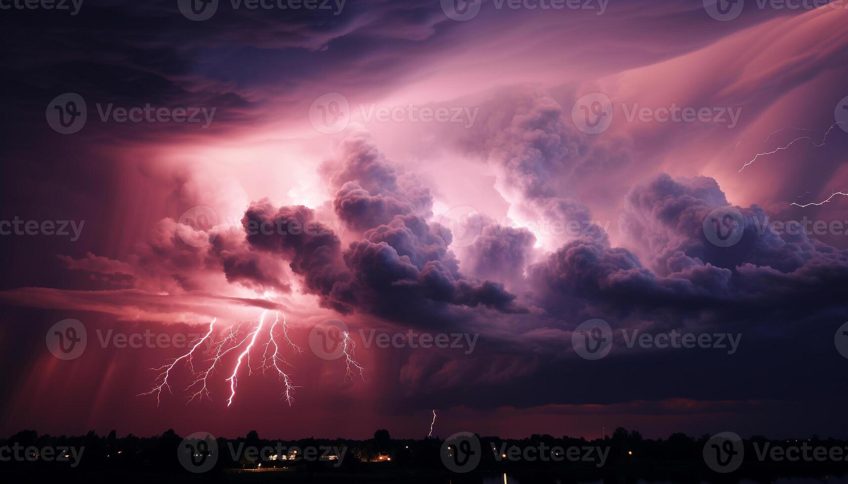 ai gerado brilhante azul céu, Sombrio silhueta árvore, vibrante relâmpago parafuso gerado de ai foto