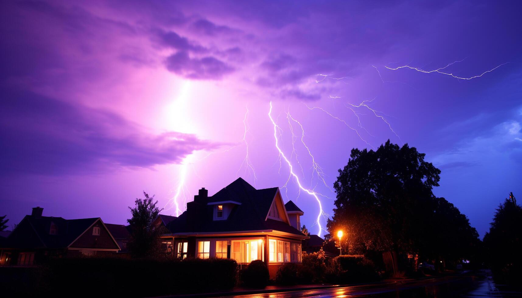 ai gerado dramático céu, Sombrio noite, trovoada, majestoso montanhas, molhado Relva gerado de ai foto