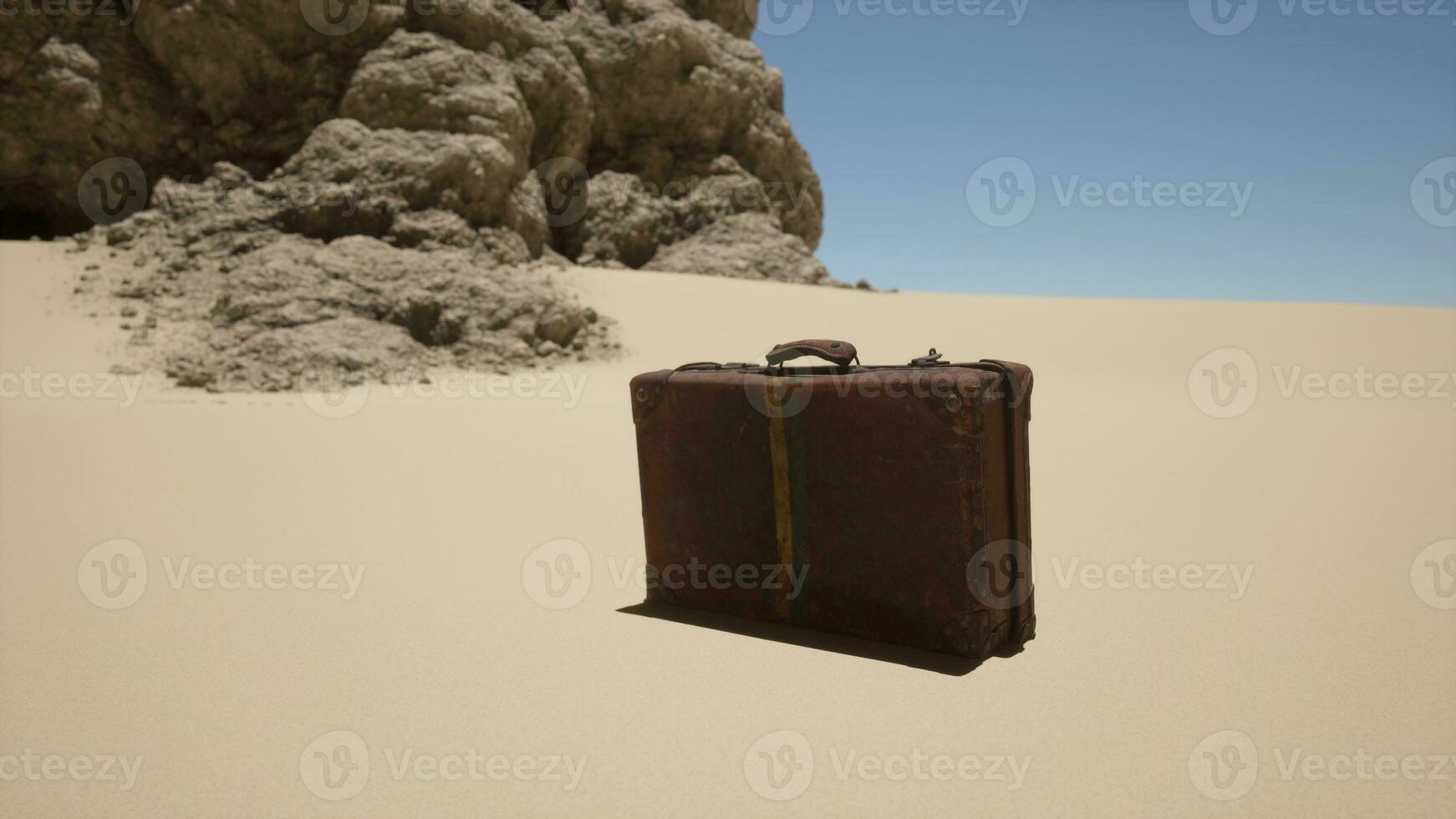 uma peça do bagagem sentado em topo do uma arenoso de praia foto