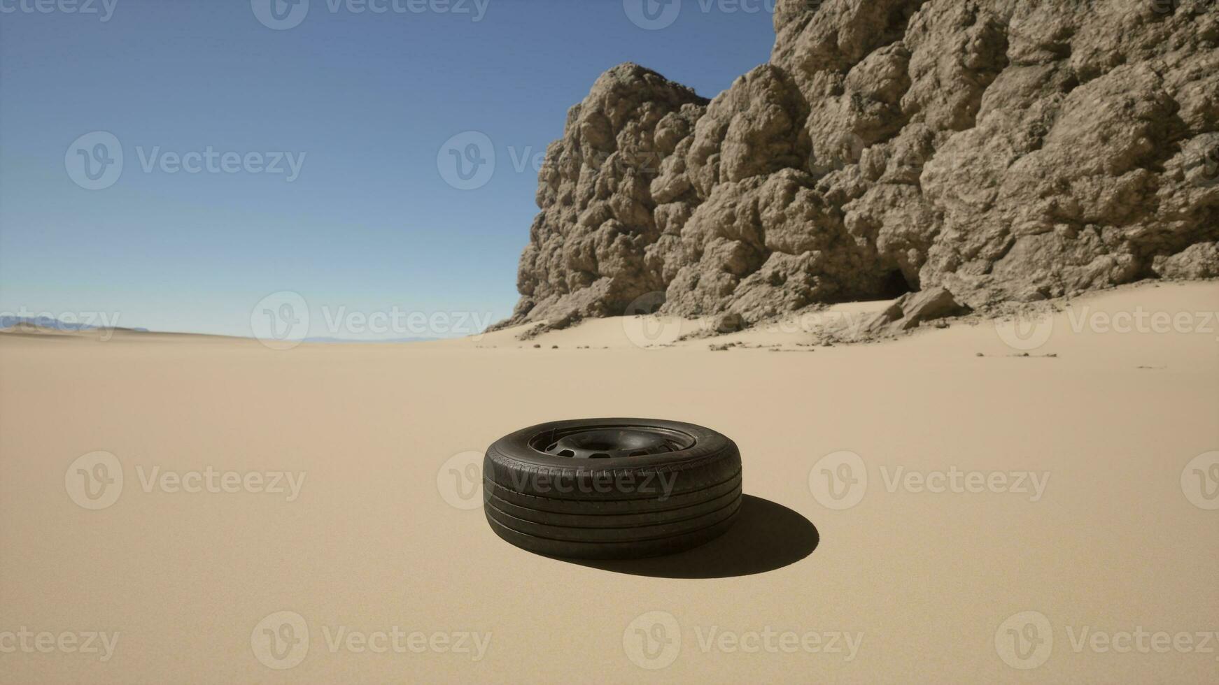 uma pneu deitado em a areia dentro frente do uma Rocha formação foto
