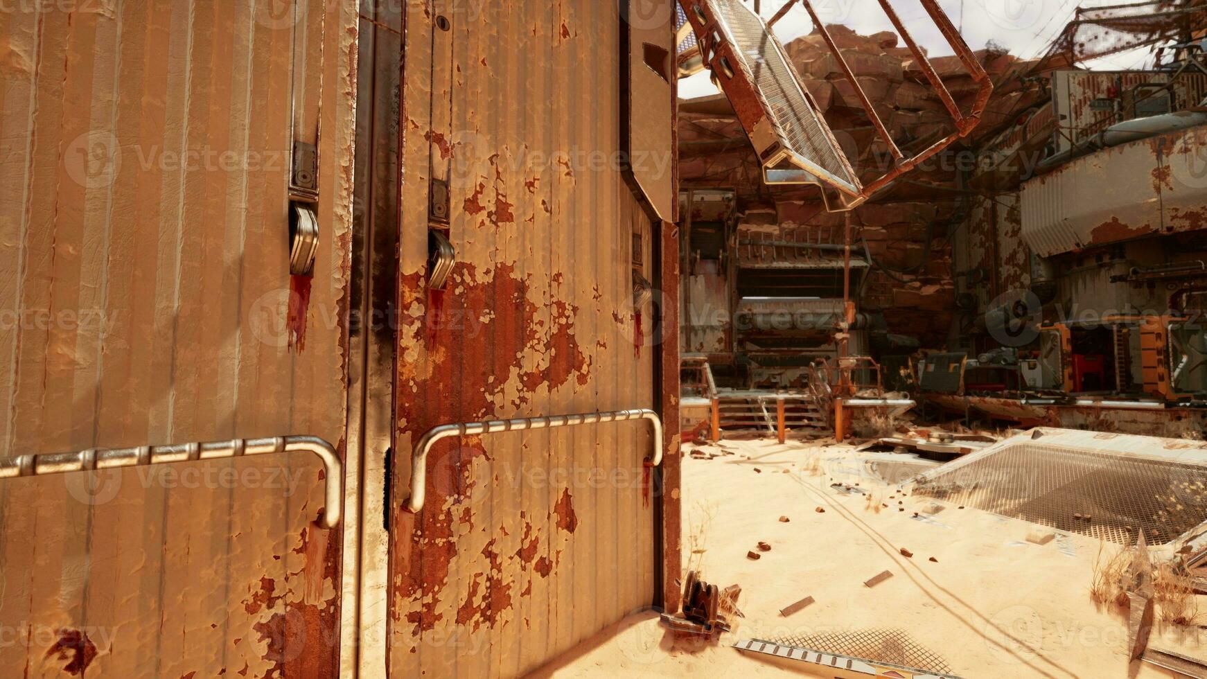 uma deteriorado metal porta dentro a abandonado construção foto