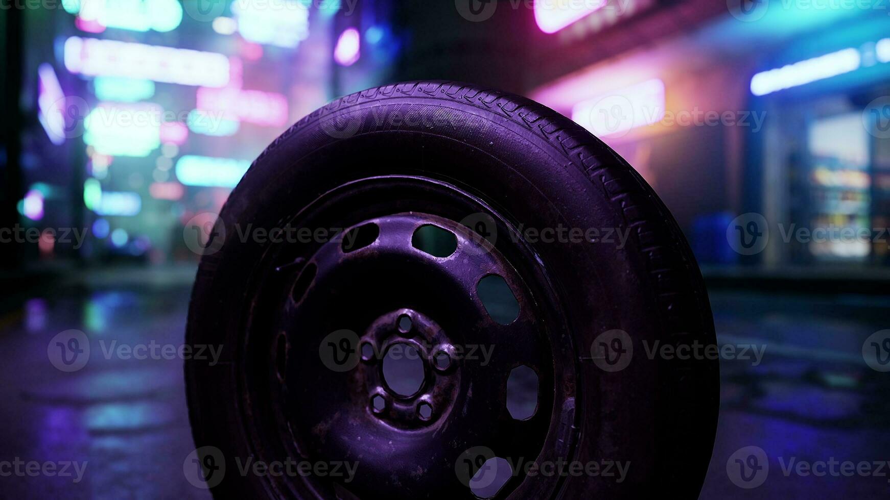 uma fechar acima do uma pneu em uma cidade rua foto