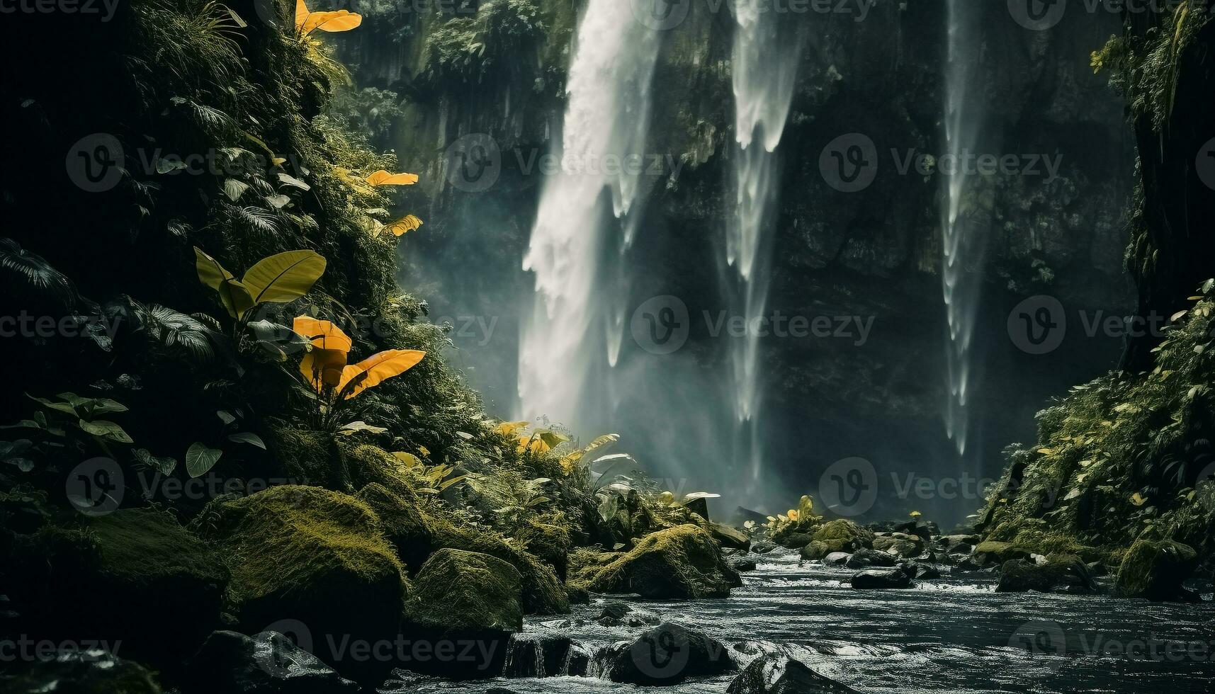 ai gerado majestoso cascata fluindo através tropical floresta tropical, uma tirar o fôlego aventura gerado de ai foto