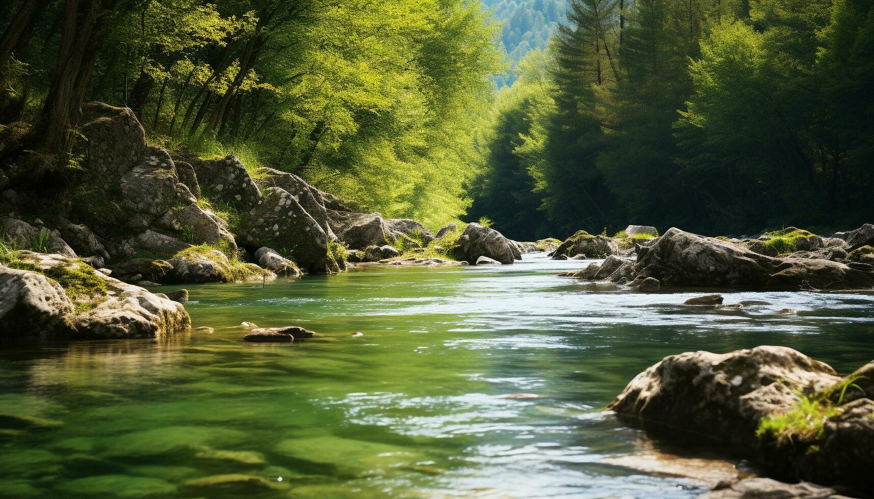 ai gerado tranquilo cena verde floresta, fluindo água, refletindo luz solar, natural beleza gerado de ai foto