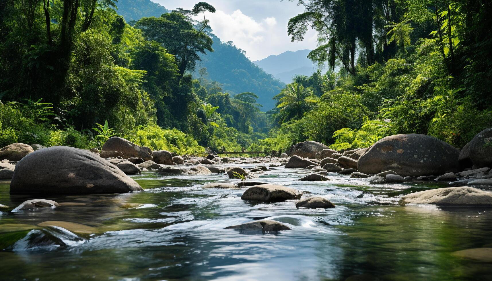 ai gerado tranquilo cena verde floresta, fluindo água, refletindo luz solar, natural beleza gerado de ai foto