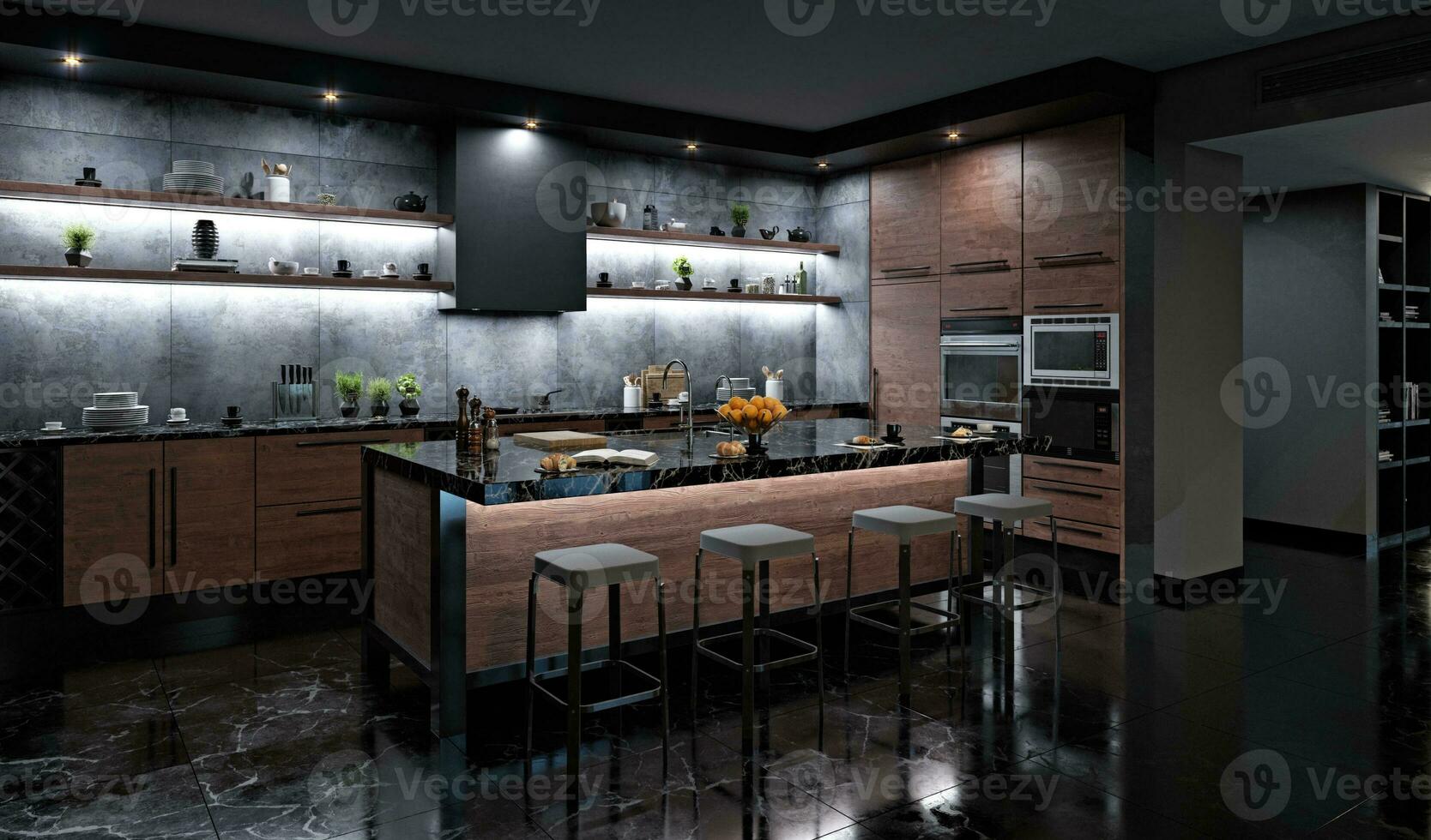 moderno Sombrio cozinha interior. foto