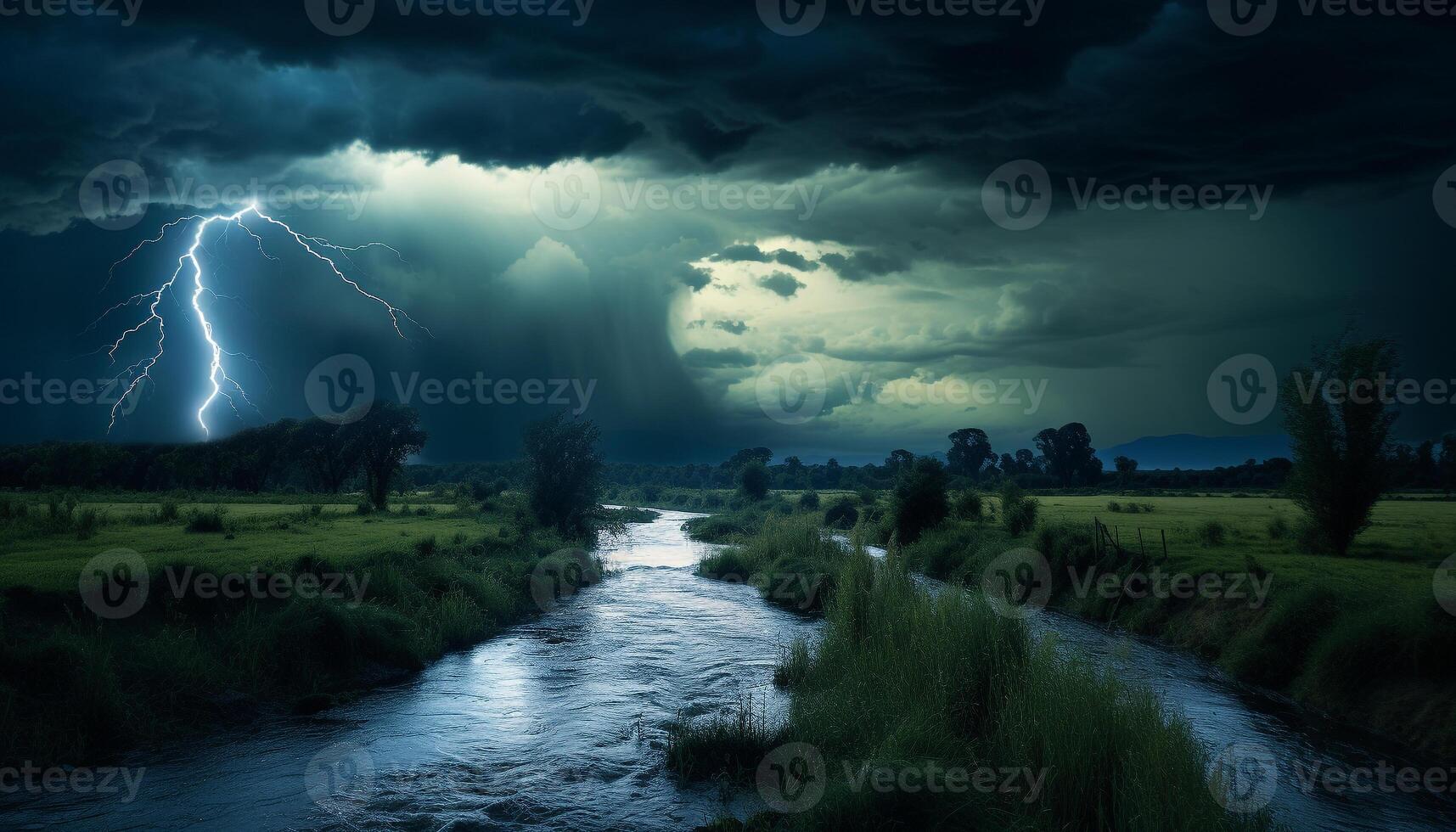 ai gerado brilhante azul céu, Sombrio silhueta árvore, vibrante relâmpago parafuso gerado de ai foto