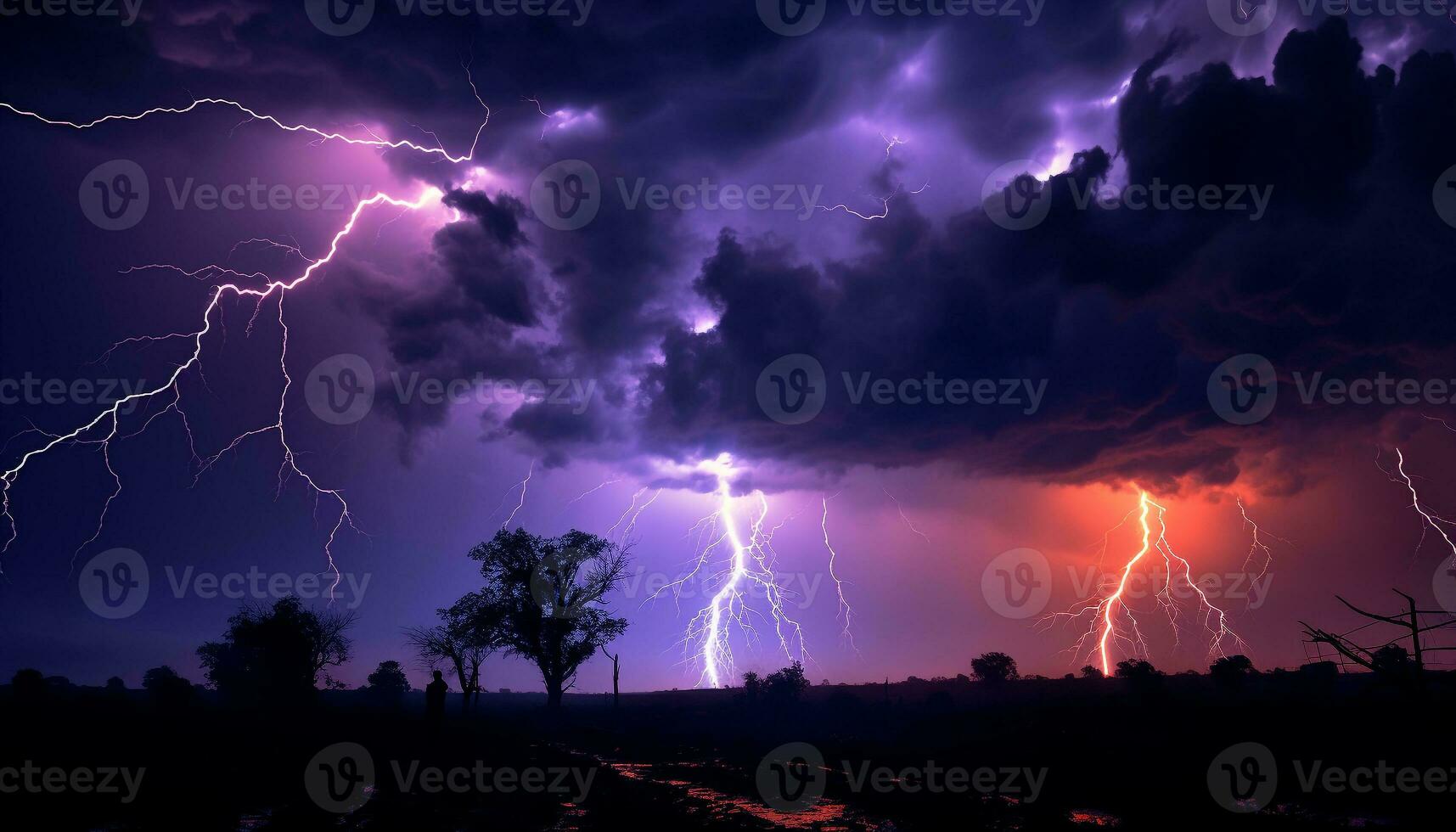 ai gerado brilhante azul céu, Sombrio silhueta árvore, vibrante relâmpago parafuso gerado de ai foto