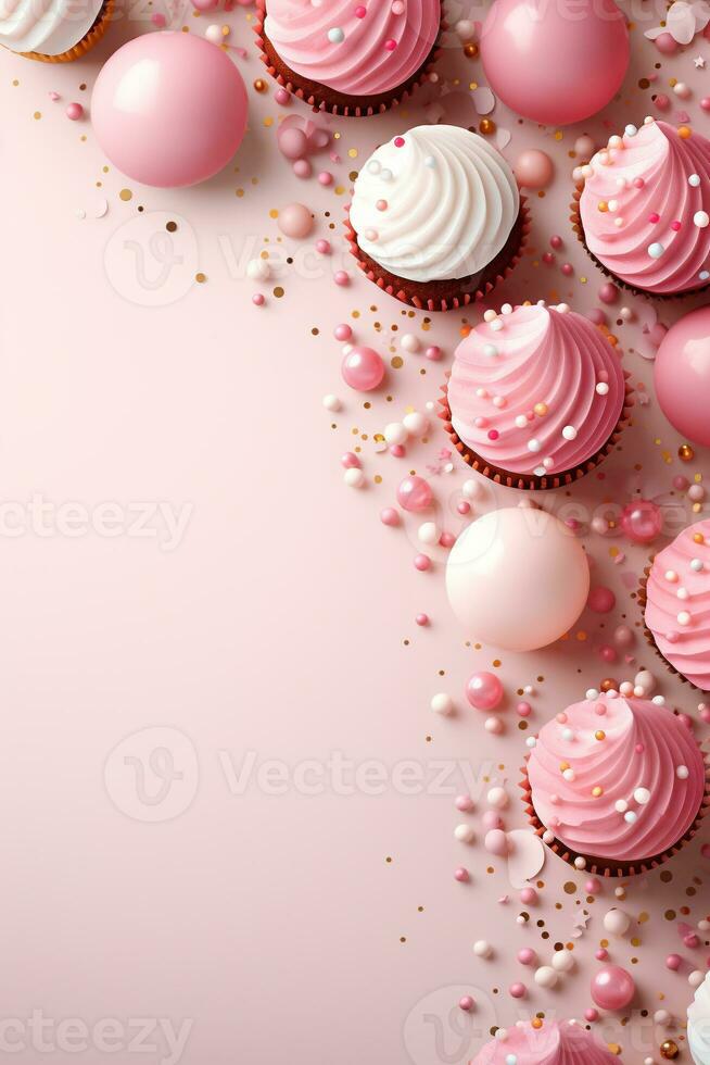 ai gerado aniversário festa Rosa e ouro plano composição, bolos de copo, balões, confete, bandeira conceito Cartão Presente, cópia de espaço, Rosa fundo foto