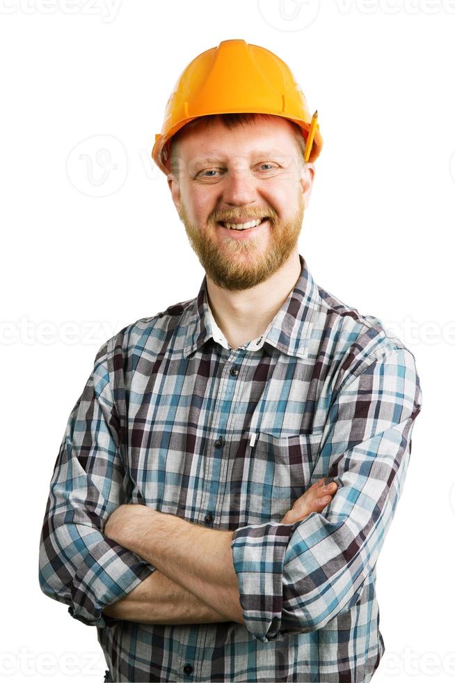 homem barbudo feliz engraçado com um capacete foto