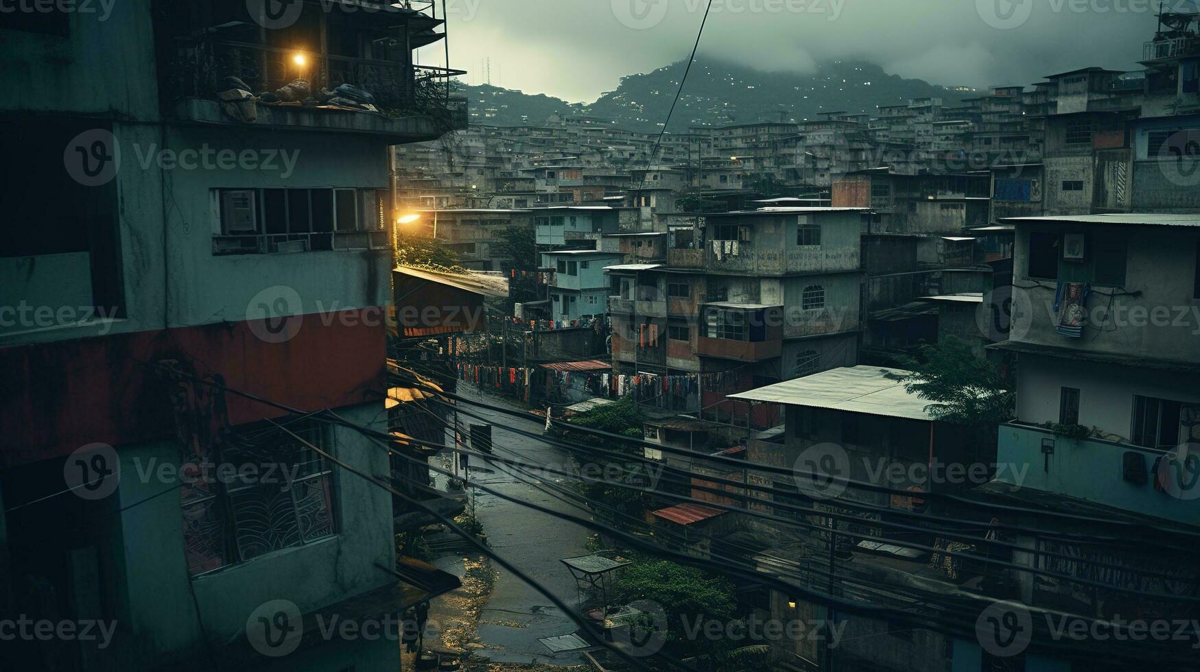 ai gerado generativo ai, brasileiro favelas comunidade, panorâmico Visão com muitos casas, urbano Cidade pobre casa edifícios foto