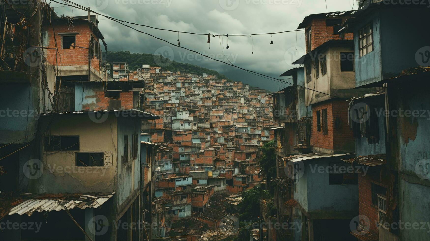 ai gerado generativo ai, brasileiro favelas comunidade, panorâmico Visão com muitos casas, urbano Cidade pobre casa edifícios foto