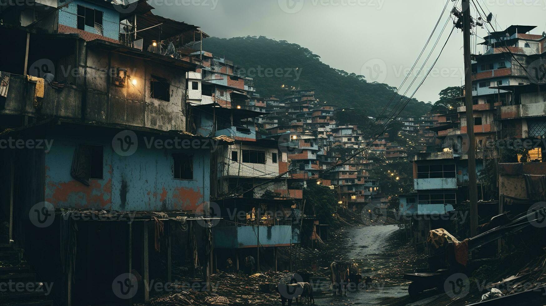 ai gerado generativo ai, brasileiro favelas comunidade, panorâmico Visão com muitos casas, urbano Cidade pobre casa edifícios foto