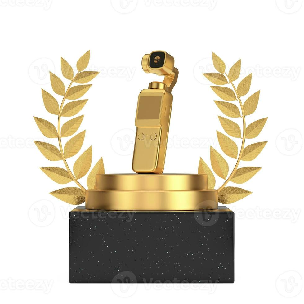 vencedora prêmio cubo ouro louro guirlanda pódio, etapa ou pedestal com dourado bolso portátil gimbal açao Câmera. 3d Renderização foto