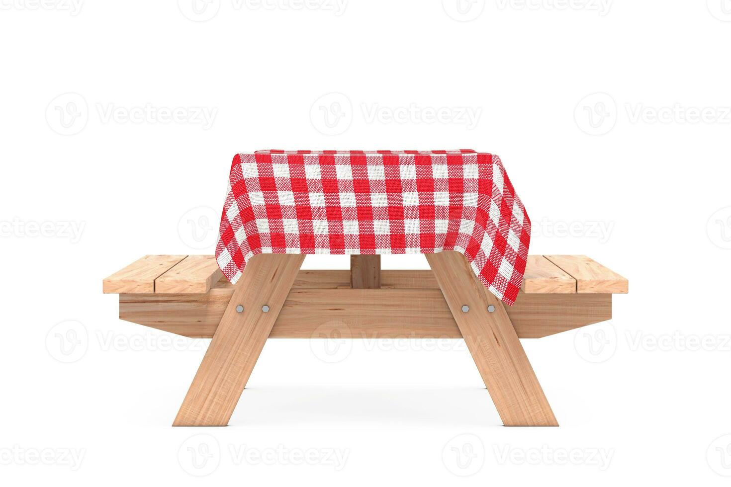 de madeira piquenique mesa com bancos e vermelho xadrez toalha de mesa. 3d Renderização foto
