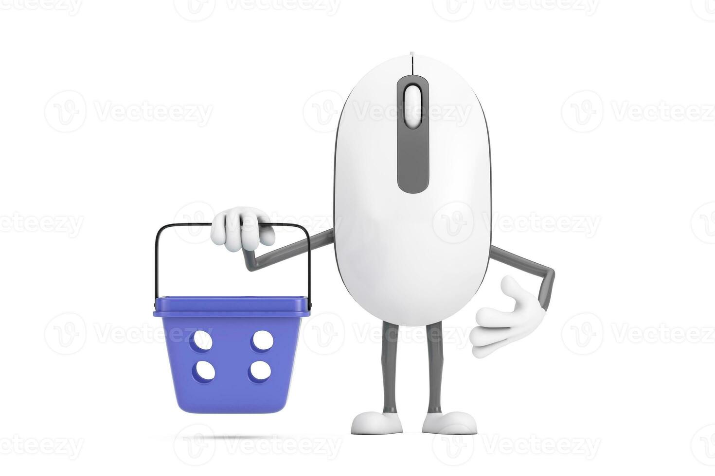 computador rato desenho animado pessoa personagem mascote com desenho animado compras cesta. 3d Renderização foto