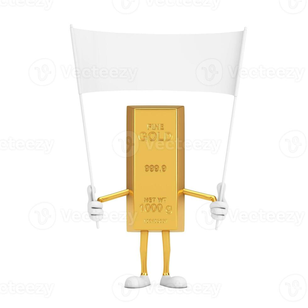 dourado Barra desenho animado pessoa personagem mascote e esvaziar branco em branco bandeira com livre espaço para seu Projeto. 3d Renderização foto