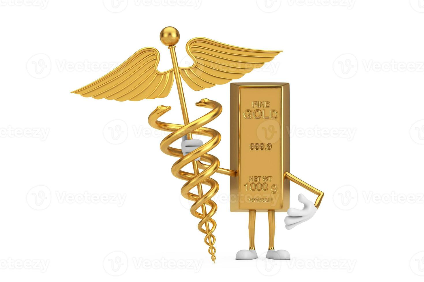 dourado Barra desenho animado pessoa personagem mascote com dourado médico caduceu símbolo. 3d Renderização foto