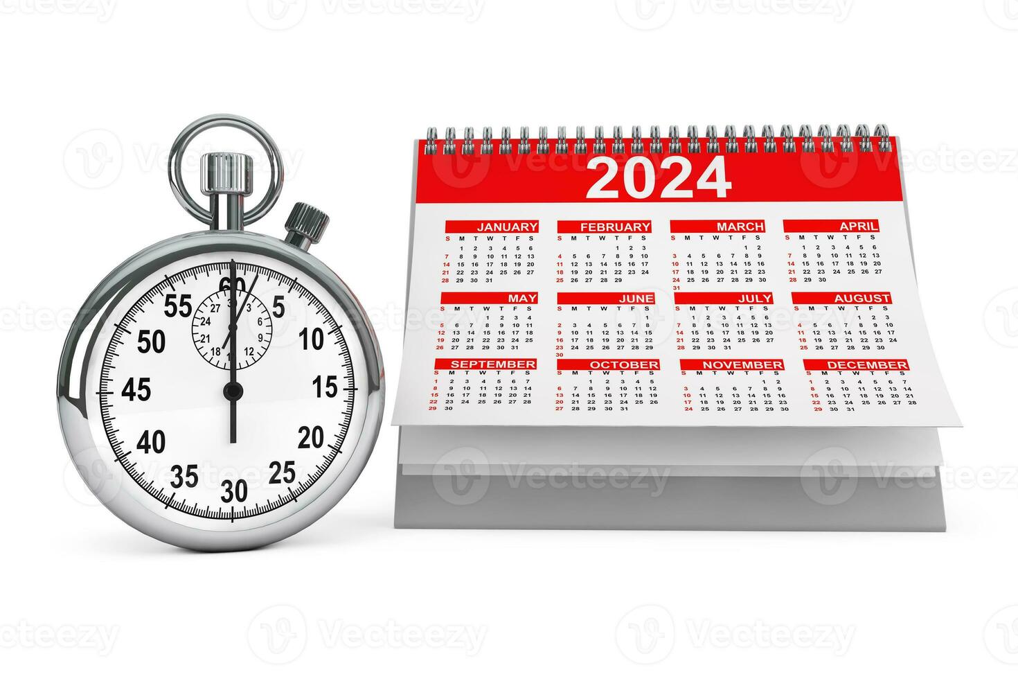 2024 ano calendário com cronômetro. 3d Renderização foto