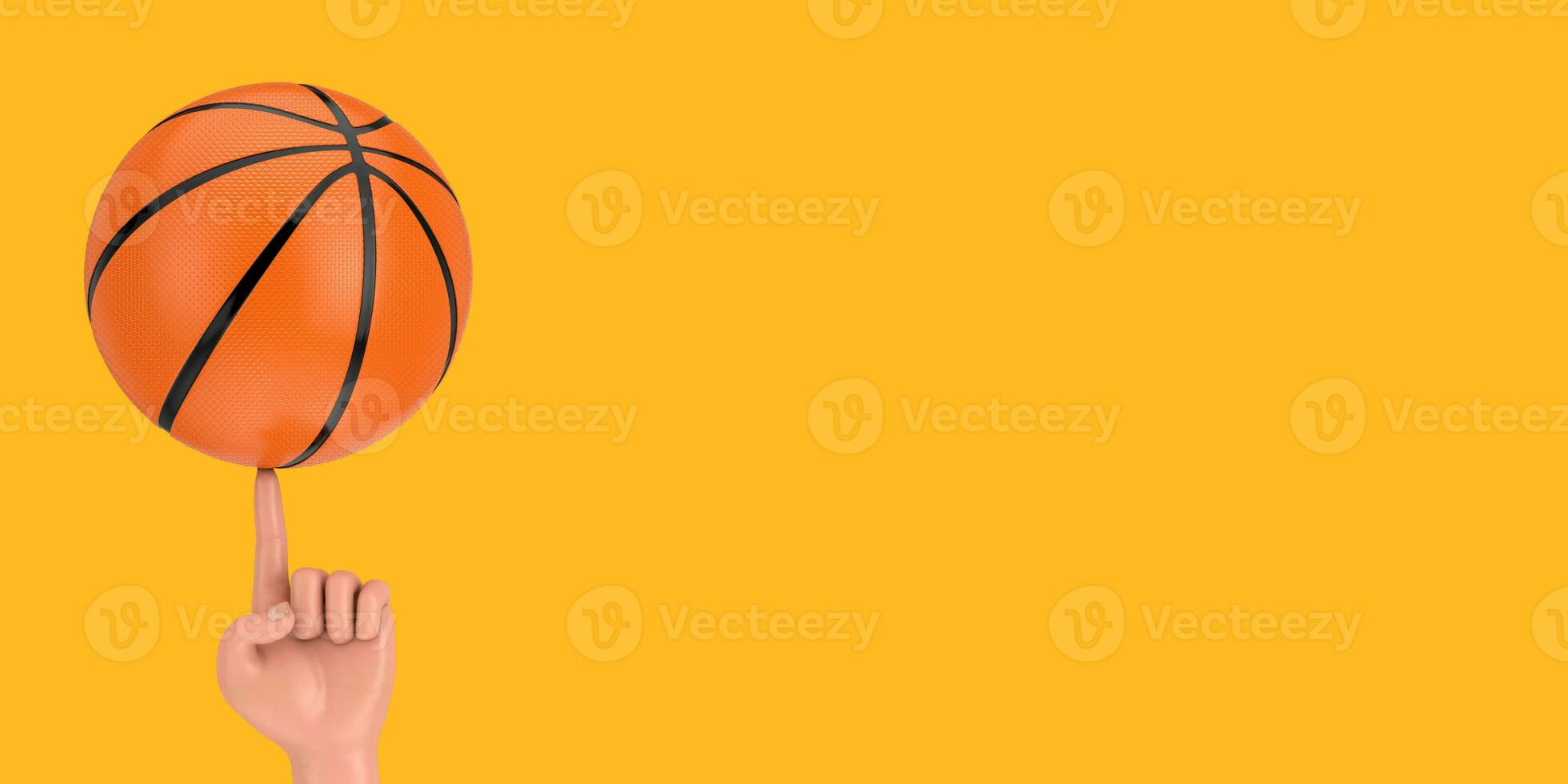 basquetebol bola fiação em uma desenho animado mão dedo. 3d Renderização foto