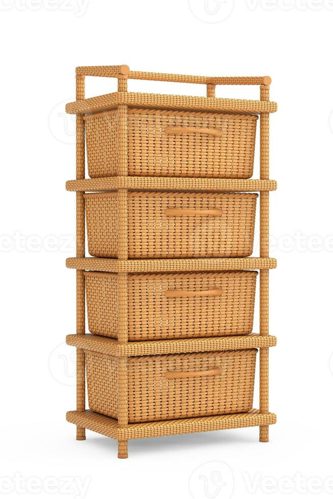 armazenamento torre com vime tecer cestas. 3d Renderização foto