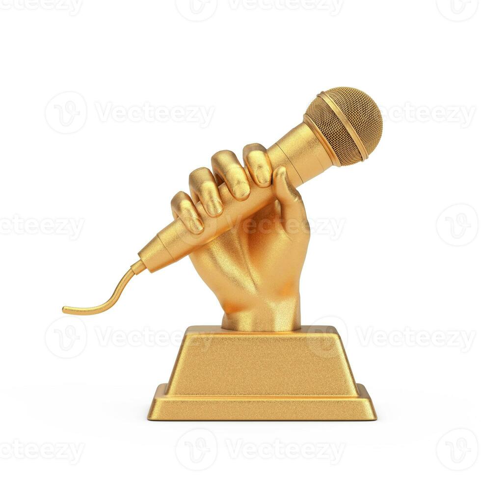 dourado música prêmio troféu dentro forma do mão com microfone. 3d Renderização foto